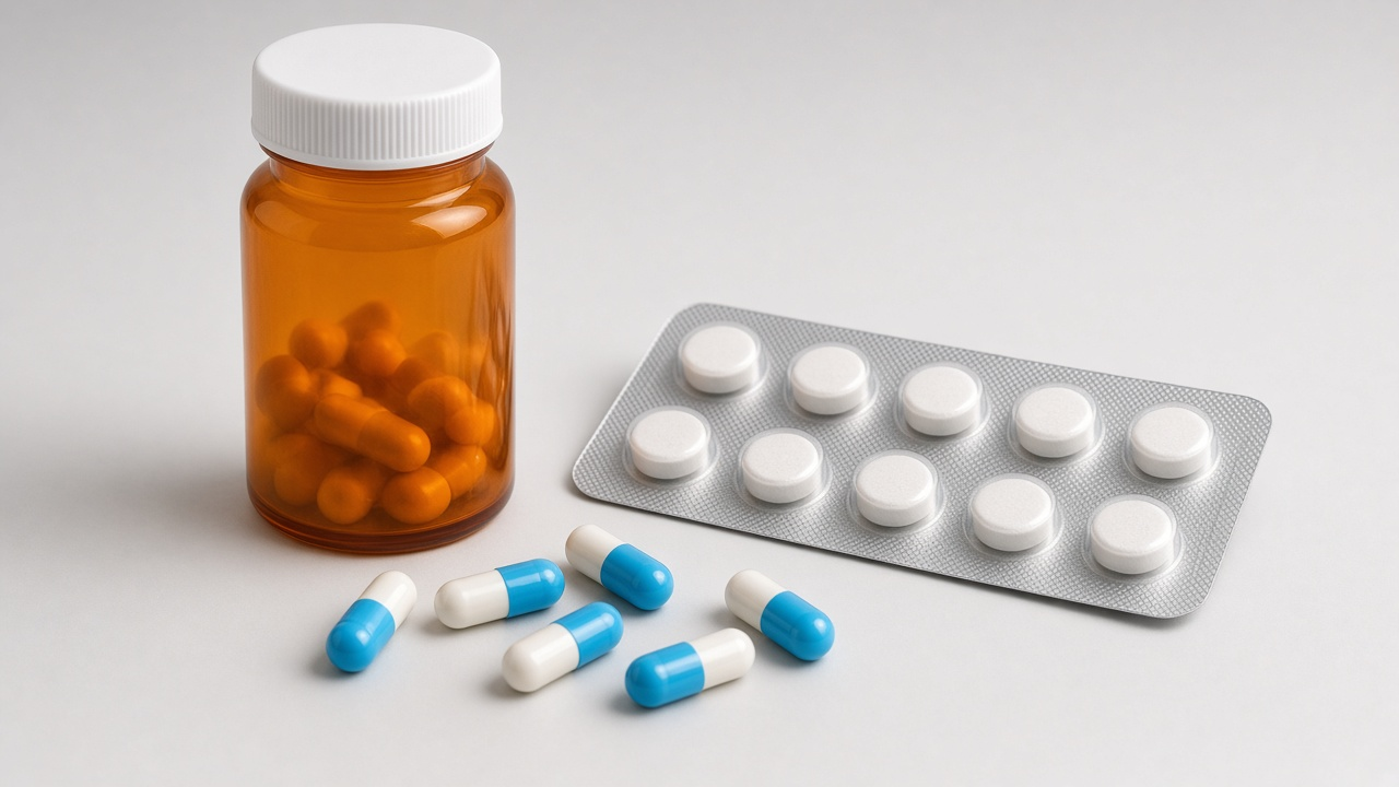 Medication bottle, blister pack and capsules